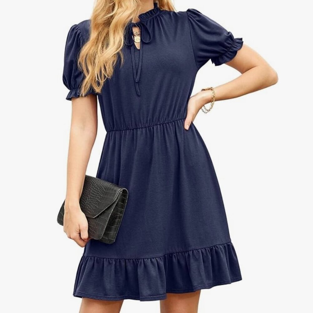 Grecerelle Women's Casual Ruffle Short Sleeve A-Line Mini (NO TIE) Med. Blue